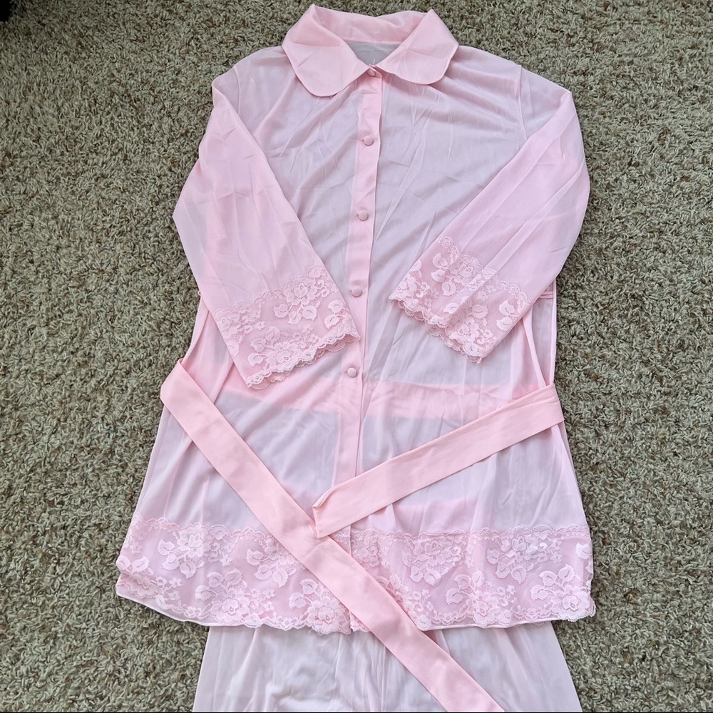 Vintage Henson KickerNick 2 Piece Peignoir Lace Set Pink 34 Pants W/ Pajama Top